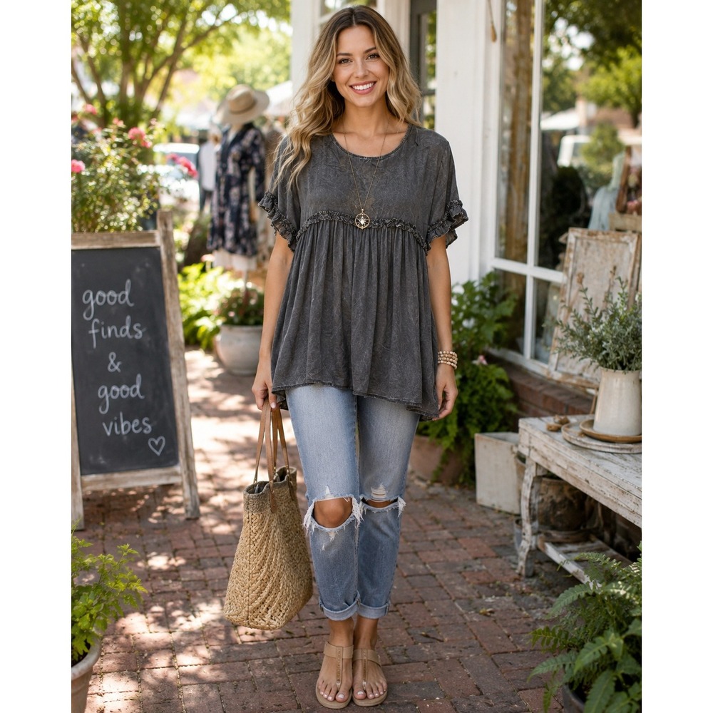 She + Sky Gray Washed Rayon Babydoll Tunic Top Women's L Boho crochet trim - Picture 2 of 11